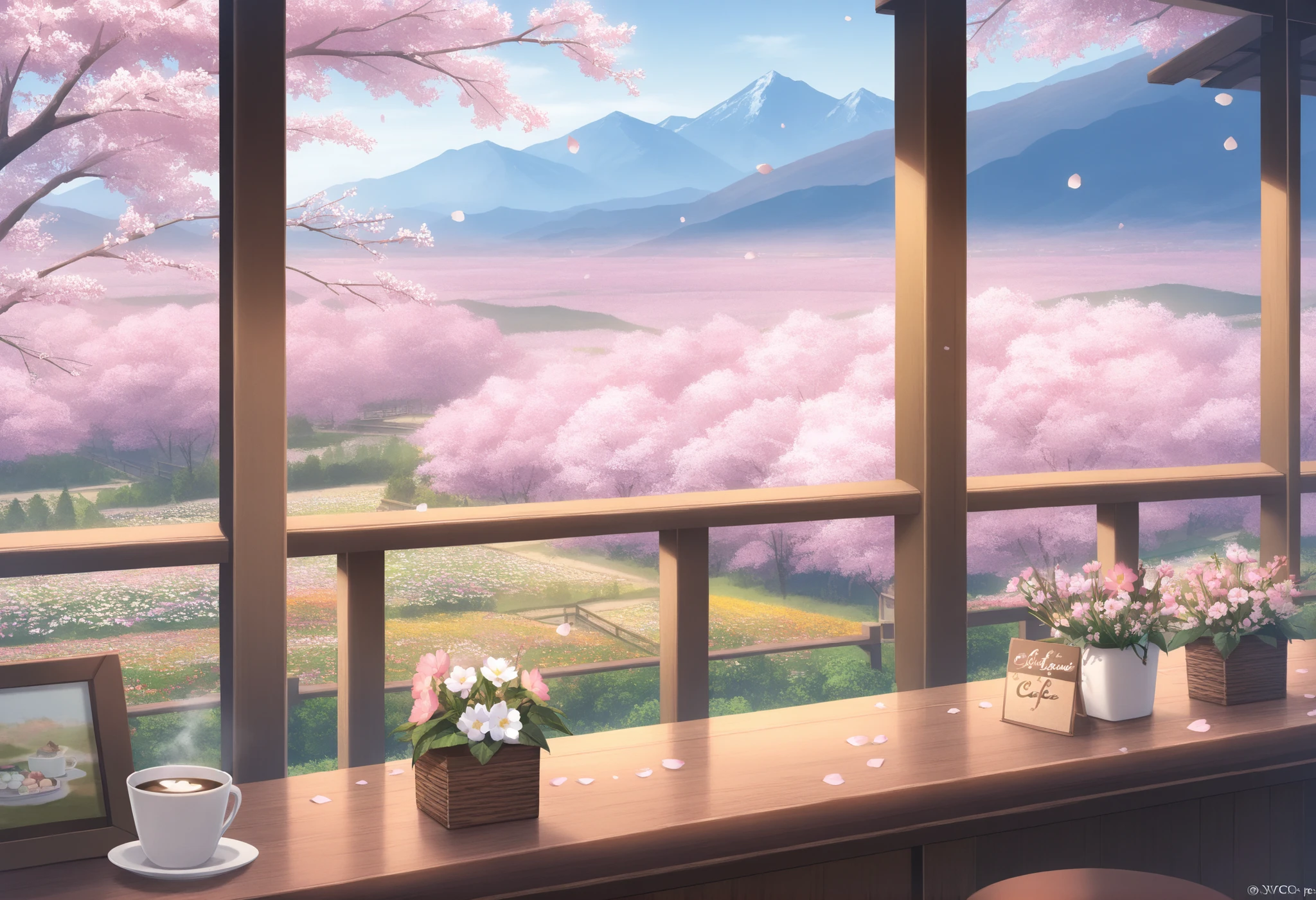 Masterpiece,Best quality, ultra detailed,Japanese Anime style, on the terrace of a wooden frame cafe, spring fields and mountains, spring flowers, spring scenery, flower-like sweets, coffee with floating cherry blossom petals,