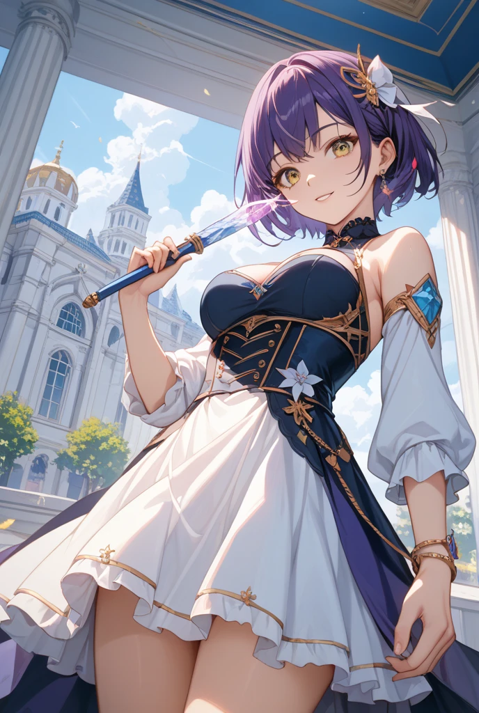 A supermodel parading down a Paris catwalk. She wears a groundbreaking and avant-garde look. The catwalk is spectacularly illuminated. She faces the camera with a firm and decisive step and smiles sweetly.