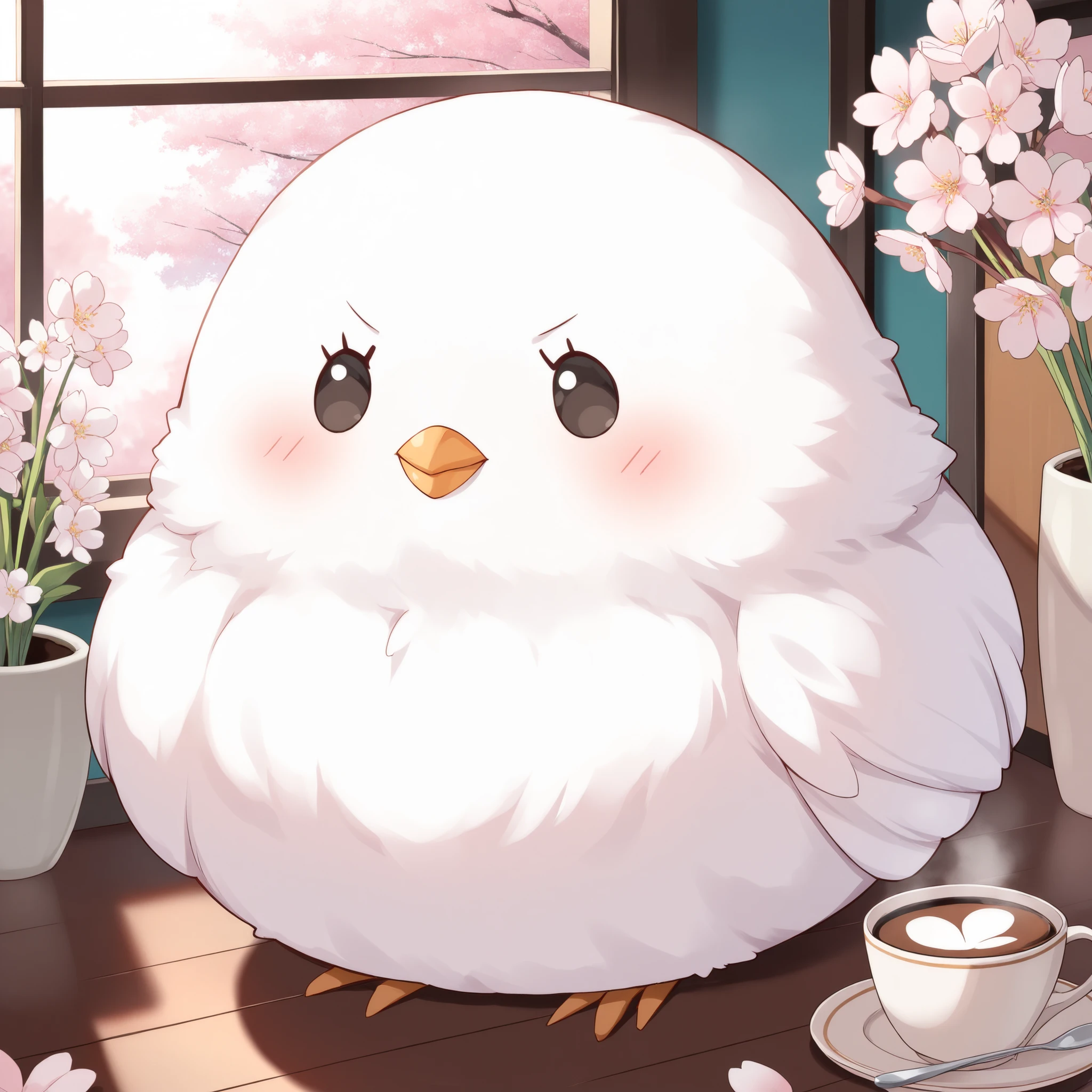 Masterpiece,Best quality, ultra detailed,Japanese Anime style, (pure white sparrow mascot) , round body, fluffy body,simple face, cute appearance, A white sparrow decorated with spring flowers, the interior of a cafe decorated with spring flowers, a sweets and coffee garnished with cherry blossoms,