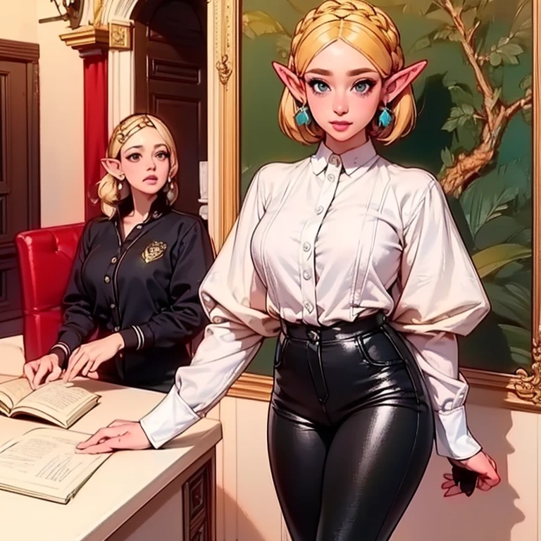 A beautiful busty Asian elf secretary woman curly blonde hair in a short leather skirt corset and open blouse, wearing glasses, (best quality,4k,8k,highres,masterpiece:1.2),ultra-detailed,(realistic,photorealistic,photo-realistic:1.37),female elf,beautiful detailed eyes,beautiful detailed lips,extremely detailed eyes and face,longeyelashes,elegant,graceful,professional office attire,white blouse,short black skirt,seductive pose,looking at camera,studio lighting,vivid colors,intricate detailed background,fantasy landscape,magical atmosphere view from behind
