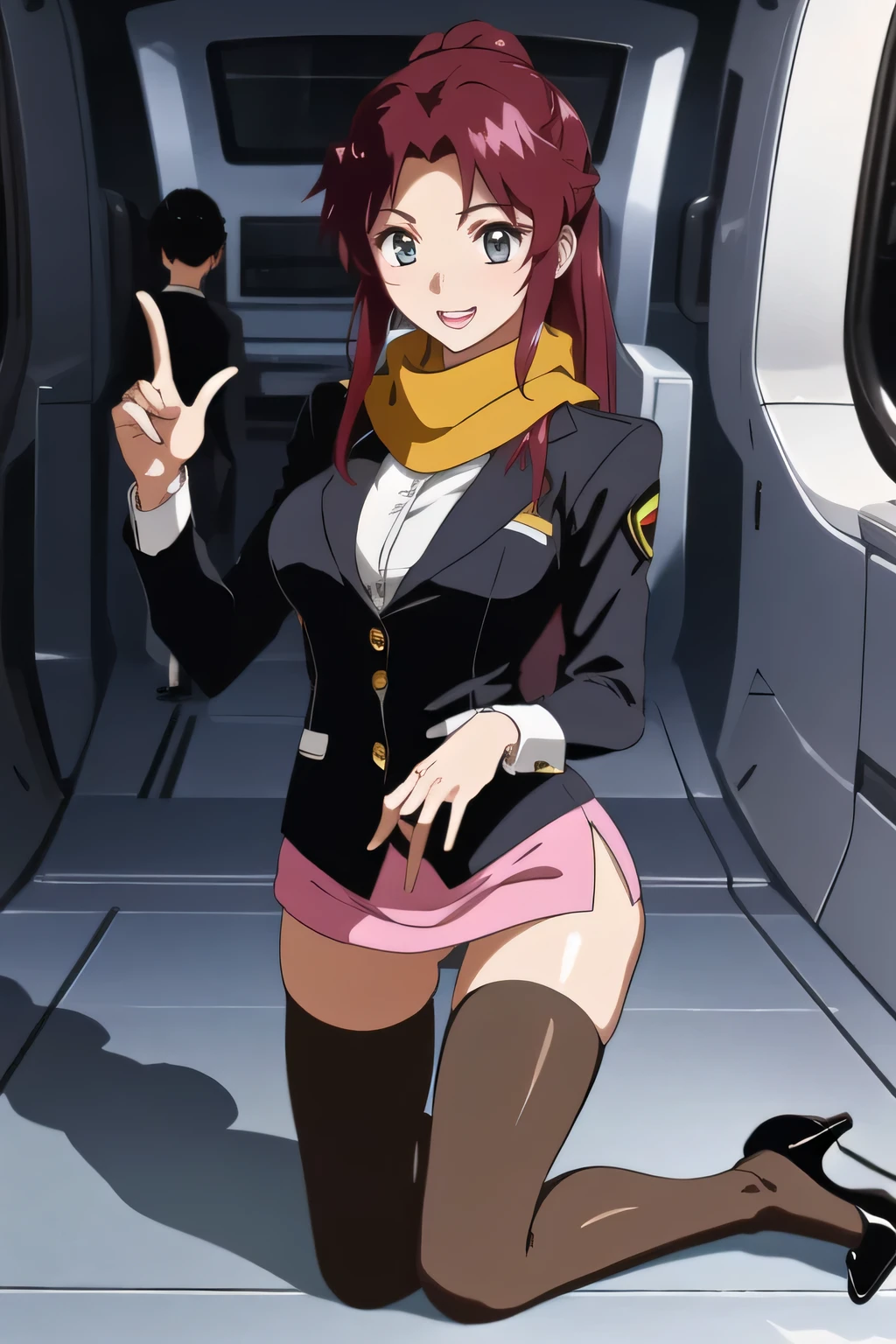 smile,The pink hair color is now more vivid、It's an accurate depiction of hands and feet、legged flight attendant uniform,Please draw her expression more delicately, dark blue panties ,(draw a more delicate expression),(Yellow Scarf),( navy blue blazer, dark blue micro mini skirt ),(the bottom of the blazer is a white blouse)( dark blue panties ),brown stockings,black high heels,一people々々々々this is a great enough job, don't cut your face。I need it for work。, ,, , , She's an attractive woman , 立っているpeople々々々can you draw things、 , , Big Breasts, Thin Waist , , ,I'm a woman 立っているpeople々々々can you draw things、is very important at work, it's important to accurately draw her 5 fingers,people々々々々々cinematic lighting and ray tracing to see dark blue panties through gaps ,30歳大people々々sexy woman,