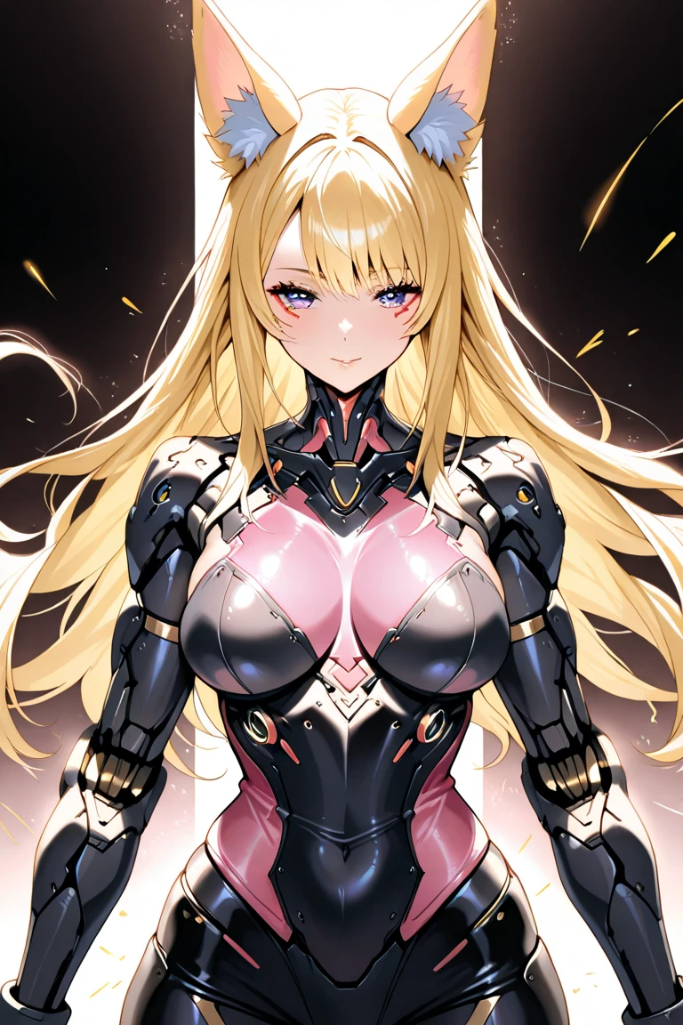 female, skinny, narrow waist, breasts, wavy blonde hair, red eyes, mechanical body, robot body, mechanical joints, robot, mechanical girl, huge breasts, perfect thighs
