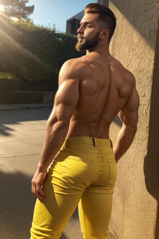 Un hombre negro con la cara se parece a Henry Cavill. Black man, Su cuerpo es musculoso y pectoral definido. paquete de seis. ingle. Cochas, pelo contra el viento. barba dentada.  Big butt, in a moment of reflection. Full body. Fajado, yellow Jeans backside.  bent over 