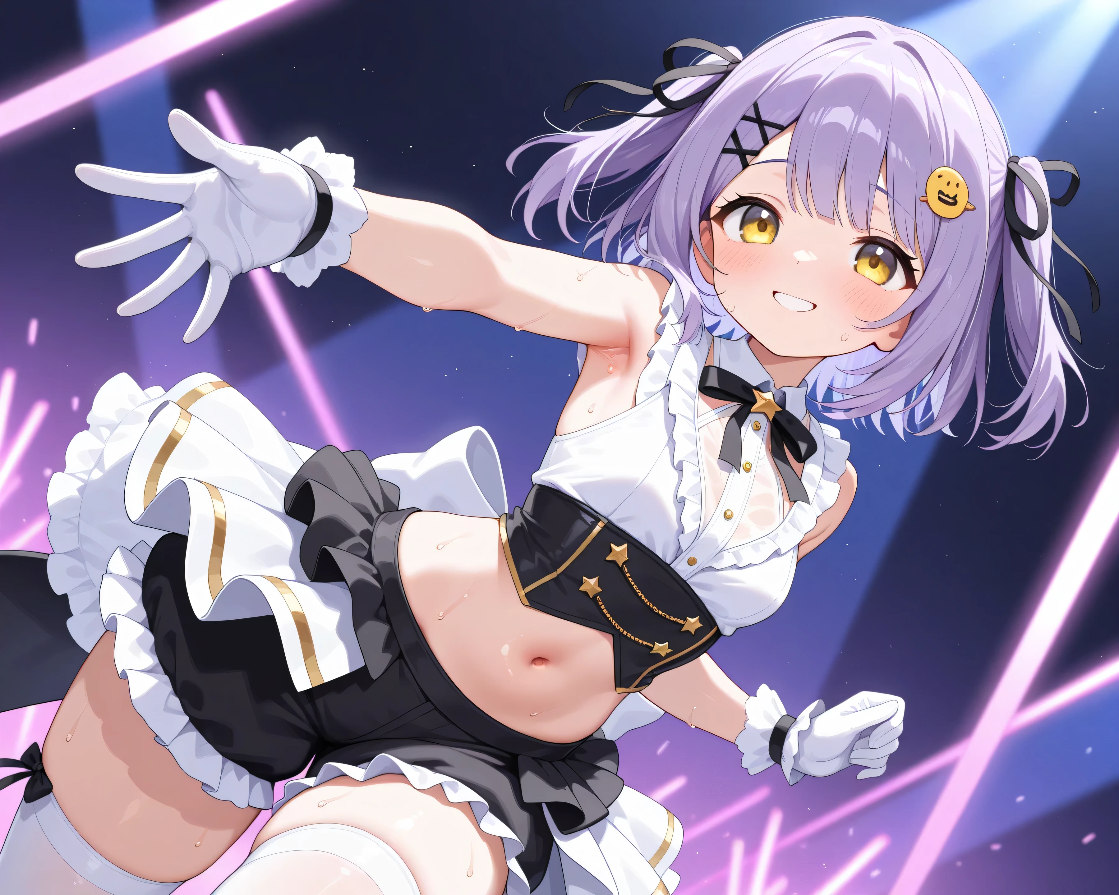 (best quality,amazing quality,very aesthetic,absurdres,newest,4k,8k), shinomiya runa, 1girl, solo, virtual youtuber, purple hair, two side up, short hair, yellow eyes, hair ribbon, black ribbon,hair ornament, hairclip, short breasts, voluptuous,(idol costume:1.5), frilled dress, sleeveless, open stomach, frilled skirt, miniskirt, black short inner pants, white gloves, white thigh high socks,(smile:1.3),(sweat:1.5), live stage, neon light beam
