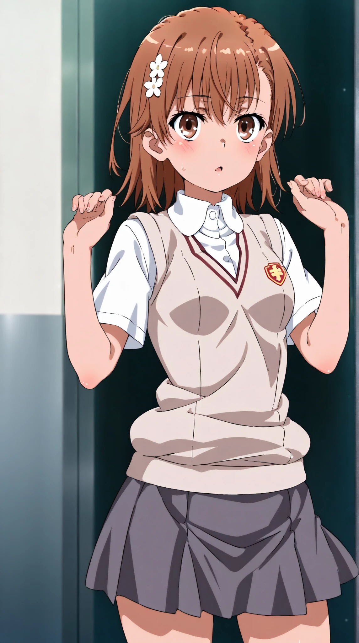 Misaka_Mikoto, whiteshirt,(shirt lifted by ther people:1.5),, masterpiece, best quality, highly detailed, girl, booreast, cute bra, flushed face, embarrassed, looking sideways, looking away, hidden arms, 2hand,2arm,(1shirt:1.2),