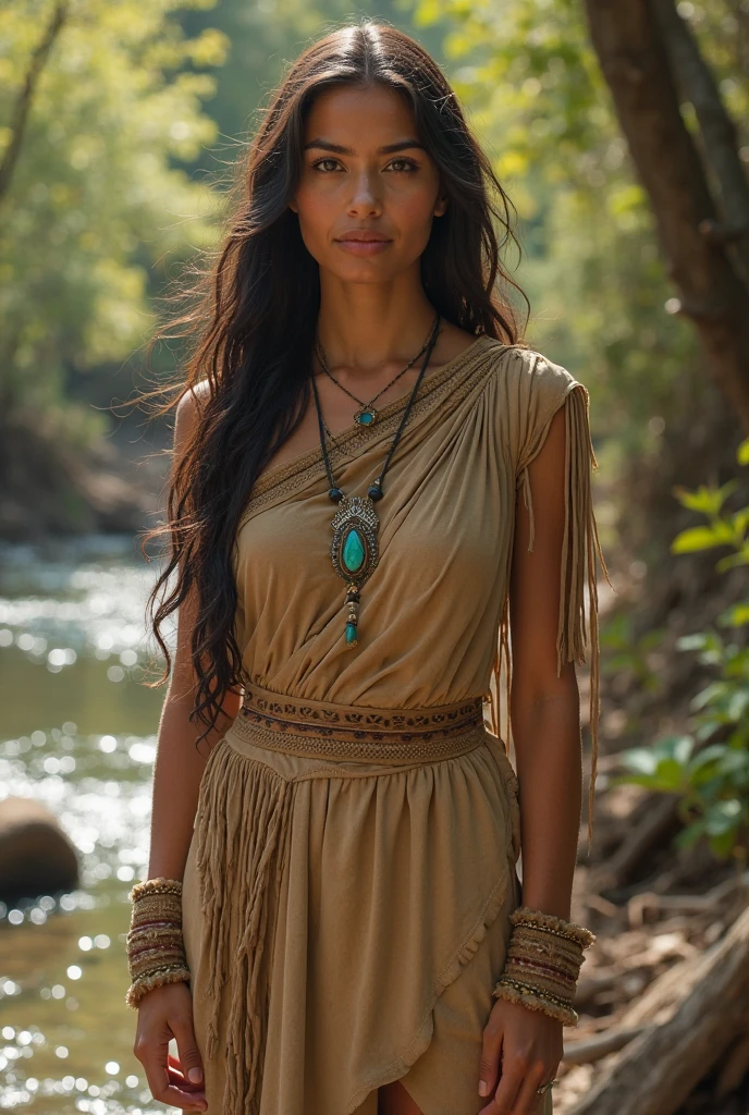 A beautiful Native American girl in a lush green forest, wearing a traditional dress, with long flowing hair, detailed facial features, looking thoughtfully into the distance, surrounded by wildlife, light streaming through the trees, ethereal, vibrant colors, photorealistic, 8k, highly detailed