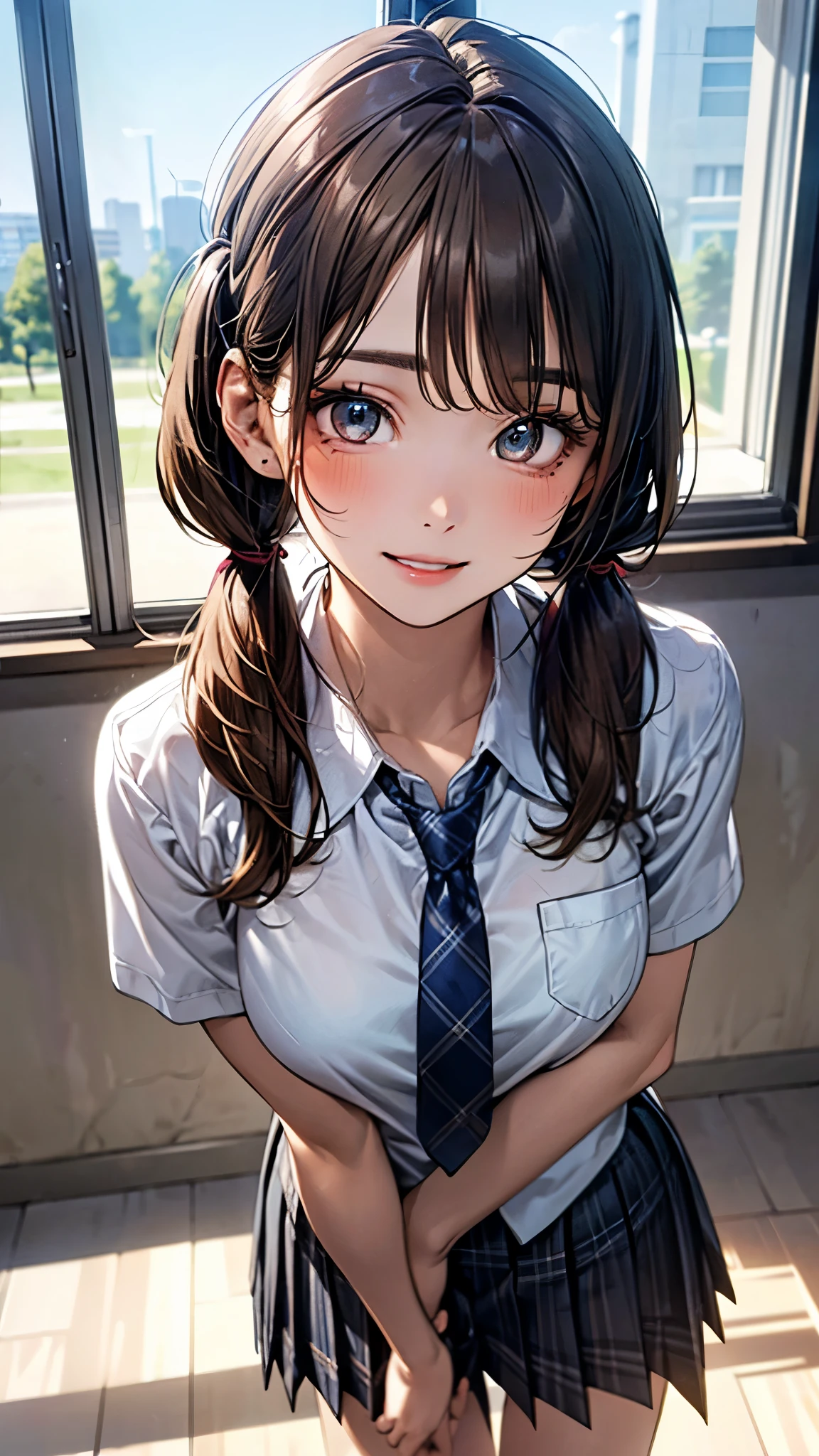 最high quality、Best image quality、masterpiece、With a girl((18-year-old、Short-sleeved sailor uniform、Black sports bra、Blue short skirt、Best Bust、Bust 85、Blonde、Long Hair、blue eyes、Open your chest wide、happiness、Black wristband on wrist、Slender、Embarrassed face、Earrings、All fours pose,Get closer to your audience、The gesture of pulling up the hair))high quality、Visual Arts、Romance movie style、background((After school classes))、Tabletop、