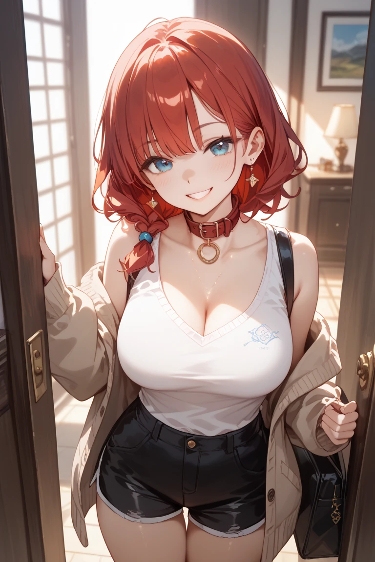 1 girl、15 years old、short hair、Red hair、Red Eyes、(treasure hunter、Explorer Outfit)、Pointed nose、Thin lipedium breast、Thighs、Shorts、indoor、middle ages、(Dark cave)、smile、from the front、Are standing、Looking at the viewer、anatomically correct five fingers、Cowboy Shot、fresh、gem、crystal、