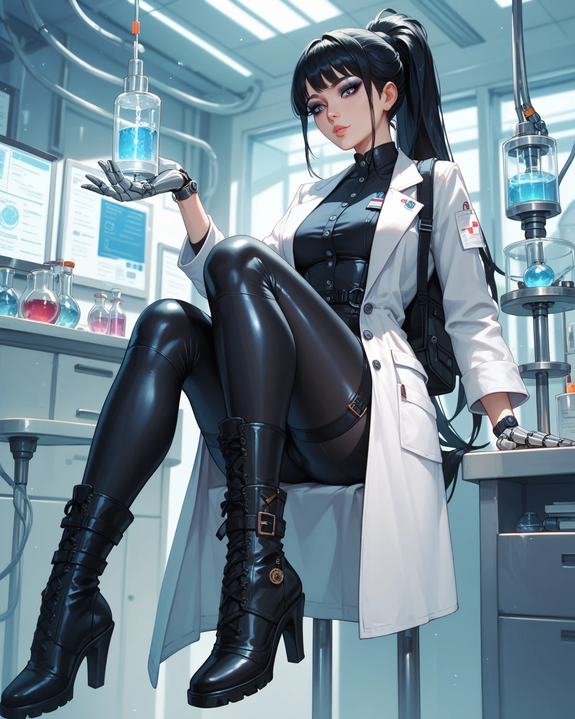 A woman holding and looking at a skull. The woman is tall, dressing like a medic, with a white coat, long black hair with part of it behind the ear, eyes lime green semi closed, a sad face, heavy makeup, eye shadows, red lipstick, pale skin, in the dark, light above her, sit in a chair, in a clinic.