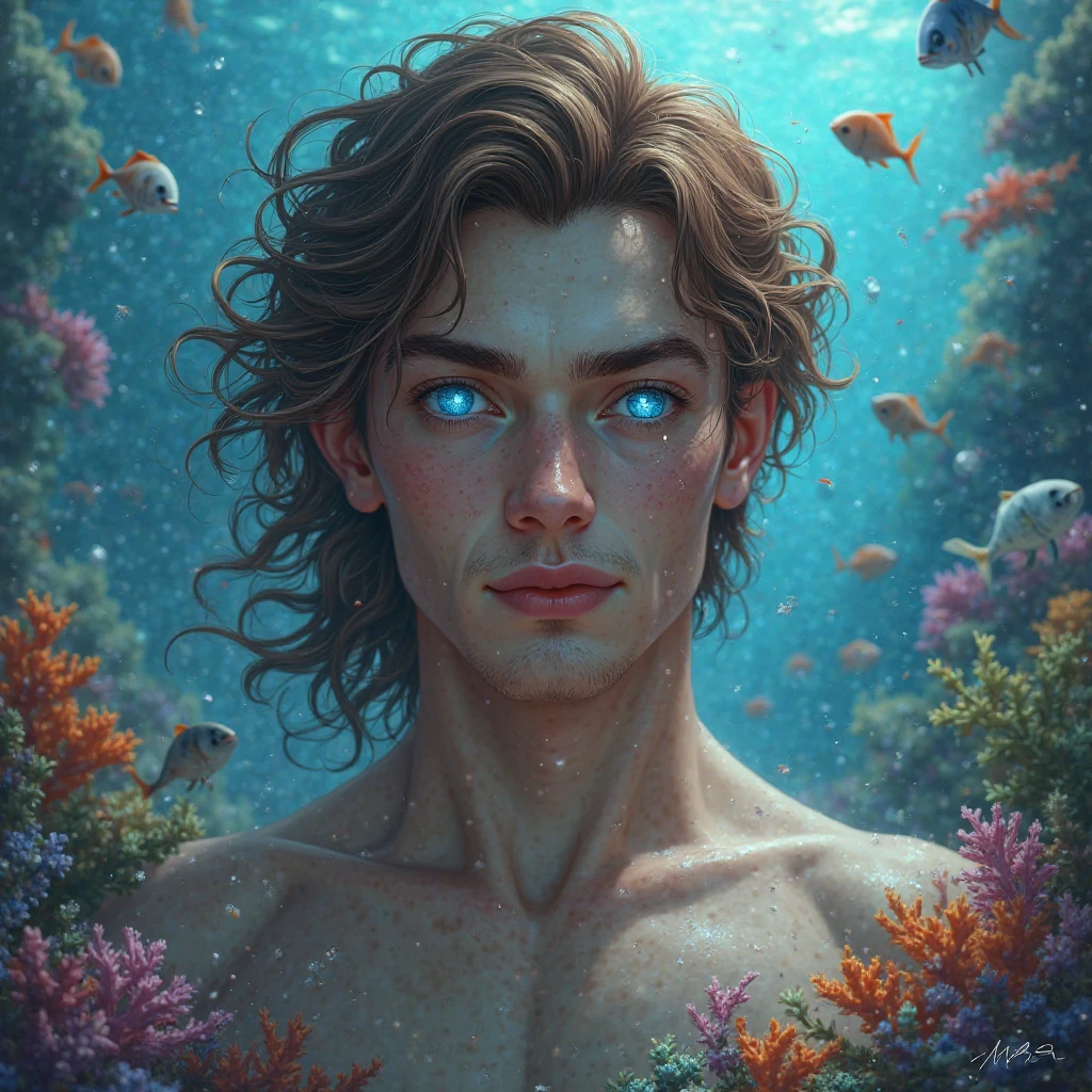 a young man tritton with medium-length blond hair, freckles, scales on some parts of the body, underwater, fish, coral, underwater vegetation, shell, clear water, tritton, long eyelashes, realistic, photorealistic, photo-realistic:1. 37, 4k, ultra-detailed, extremely detailed, hyperrealistic, highly detailed, masterpiece:1.2, vibrant colors, natural lighting, cinematic, dramatic, fantastic, magical, surreal, ethereal, serene, tranquil, atmospheric, bubble, no clothes, man-fish, anemone, corals, school of fish, huge amount of fish, 
