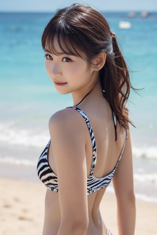 (Realistic, Photorealistic: 1.37), (Masterpiece), (Best Quality: 1.4), (Ultra High Resolution: 1.2), (RAW Photo: 1.2), (Sharp Focus: 1.3), (Face Focus: 1.2), Vivid Detail, Hyper-Realistic, (Elegant), (Full Body: 1.37), Pretty Japan Woman Photos, Slim, Slender Waist, Medium hair, (wearing a sexy black bikini: 1.5), (25yo: 1.1), (happy smile: 1.35), resting, (((beautiful beach background)), landscape, bangs, beautiful detailed eyes, makeup, looking at the viewer, (cute), (soft lighting), fine details,