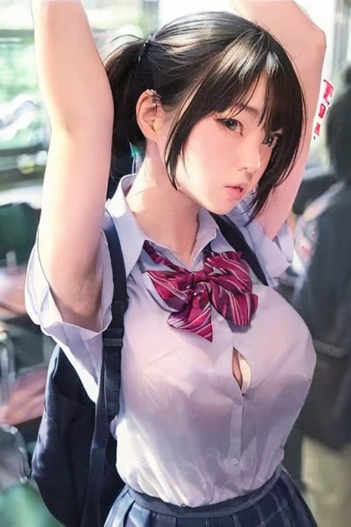 ((High school girl standing in front of the train door)),((white blazer))、((Wet translucent white blouse、red bow tie、dark blue checked skirt)). 40k, photo shoot, table top, highest quality, cloudy gray sky, ((1 girl with beautiful eyes、Brown Light、wet short hair, . white skin, Various poses.((medium sized breasts,:1.1)), highest quality, table top, ultra high resolution, (realistic:1.4), Raw photo, (perfect body shape), (slim:1.3), slim belly, Perfect slim figure, dynamic pose, (((large :0.9))), alone, Cold light 12000K, very detailed facial and skin texture, fine eyes, realistic eyes, detailed and beautiful eyes, (realistic skin), Charm, 超A high resolution, surreal, very detailed,(she is wet),(nipple、pink is transparent)