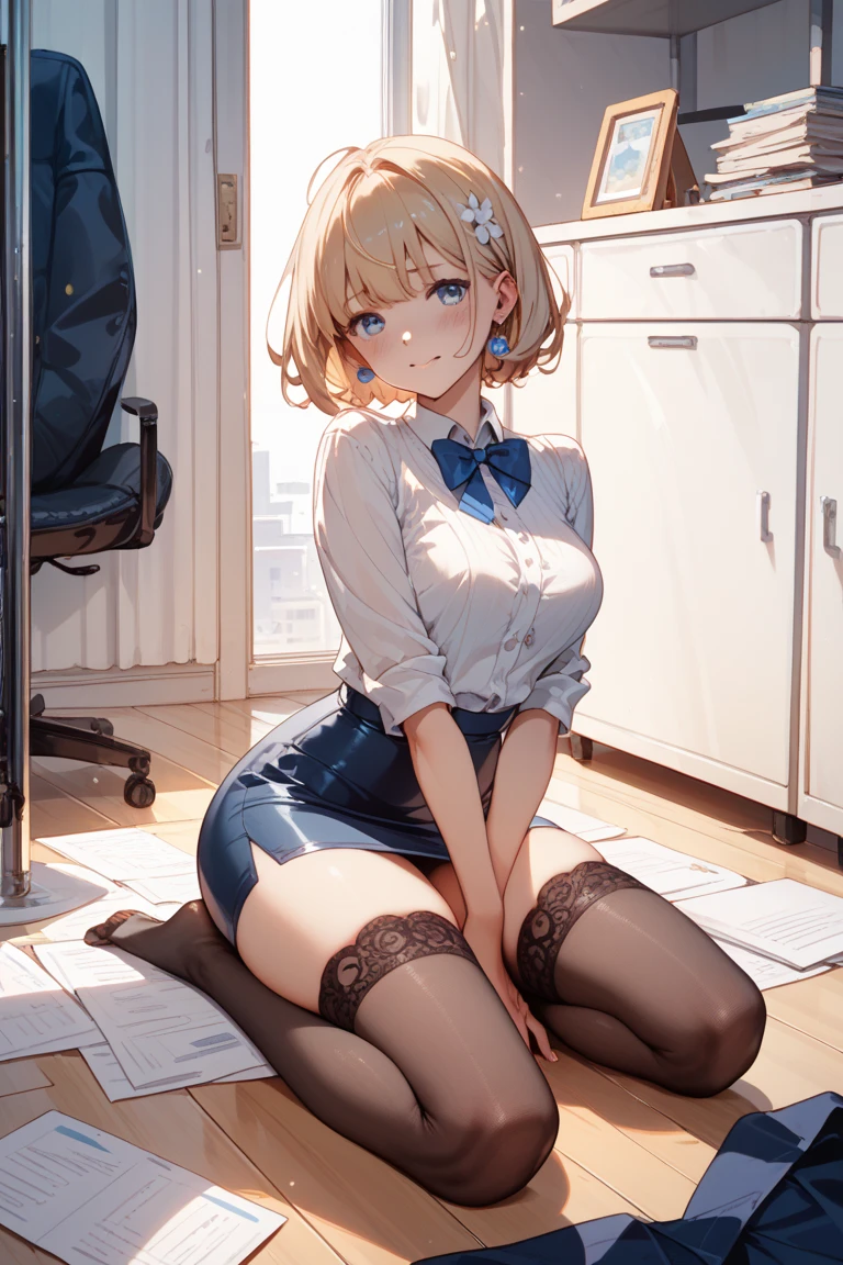 Short haircut、Blonde、tits、office lady、stockings、Open your legs while crouching、Perfect body