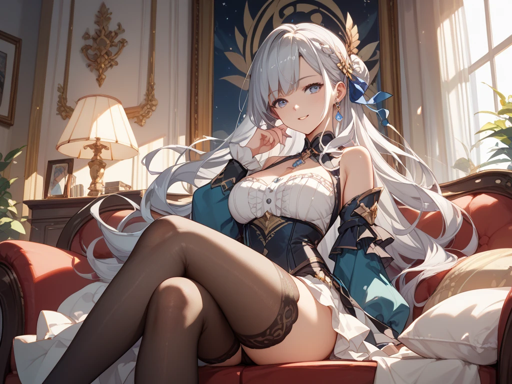 Medieval1People Girls、 Gold and silver embroidery、In underwear、Knee-length semi-transparent bloomers(With gold and silver lace)Wearing、Wearing a semi-transparent corset、 Grey translucent tights、Lying down