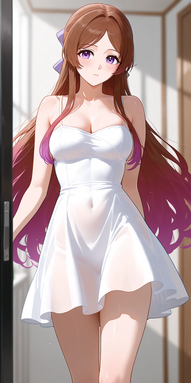 perfect eyes:1.2, detailed eyes:1.4, hall, smile, chandelier, medium hair, Kurayoshi_R, cleavage, large breasts, white dress, pelvic curtain, long dress, medium full shot, thigh-level shot, 1girl,(masterpiece:1.6, best quality),