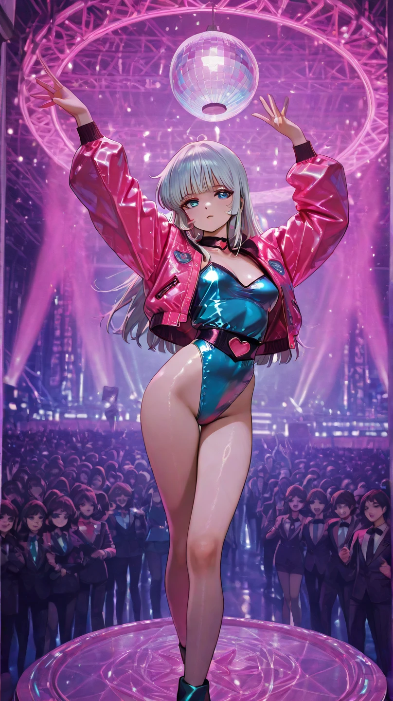 anime art style：1 Sexy Fashionable Female Celebrities, Avant-garde makeup，Exquisite hairstyle，hair accessories, confidence and determination，(Colorful fashion high heels),Standing in the center of the catwalk and performing, sparkling(pop art style)clothing,concept art,Sexual innuendo,fishnet stockings.