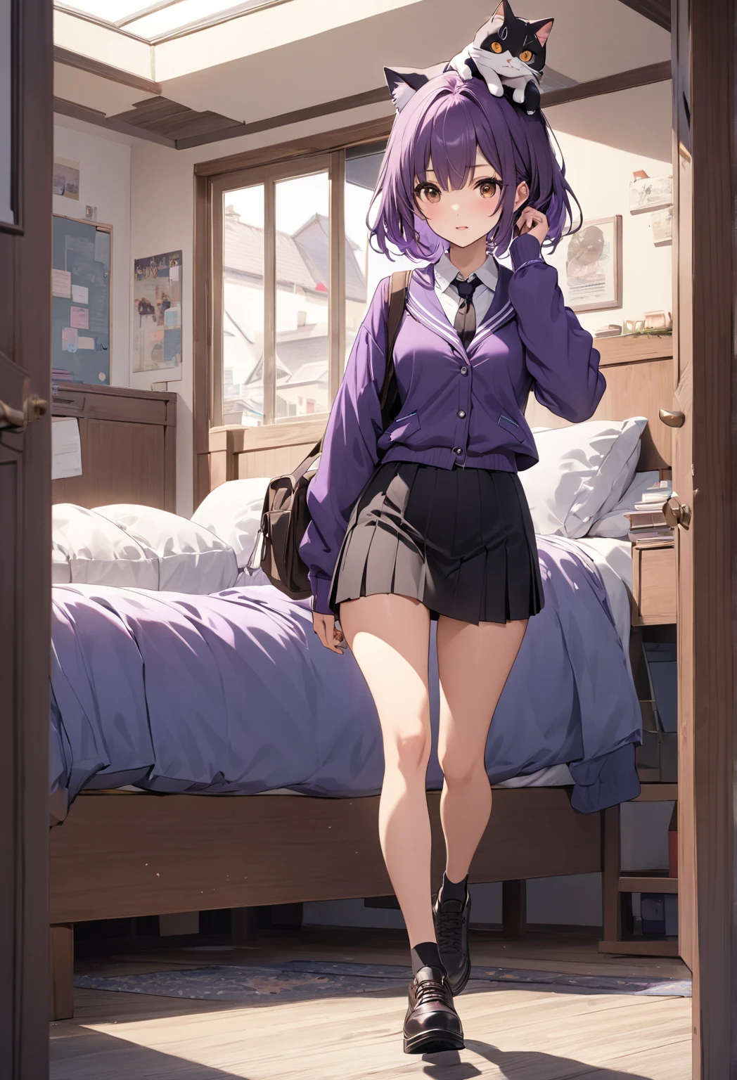 (T Masterpiece,4k wallpaper,best quality))、((girl1people))、(solo)、Brilliant,(purple hair)、(shortcut:1.3)、smile、room、mobile phone