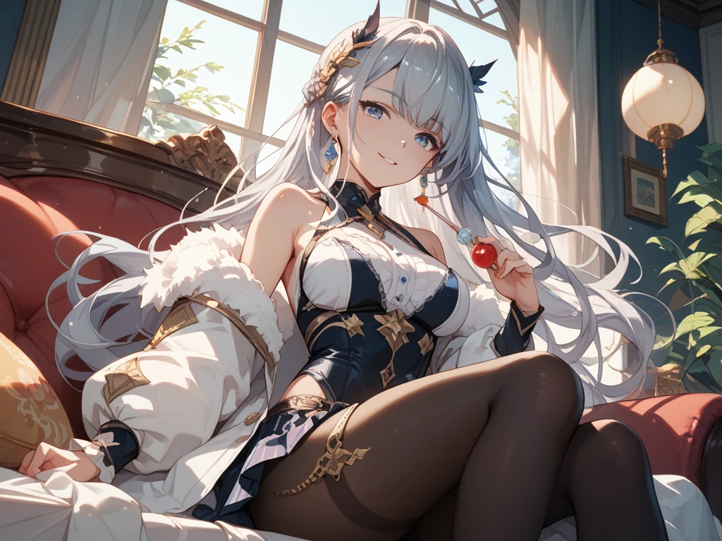 Anime style. Girl. A world of swords and sorcery. White and red and black armor. Angel. White underwear. Large feathers. Miniskirt. Knee-high socks. Big tits. Lying down and opening his crotch.