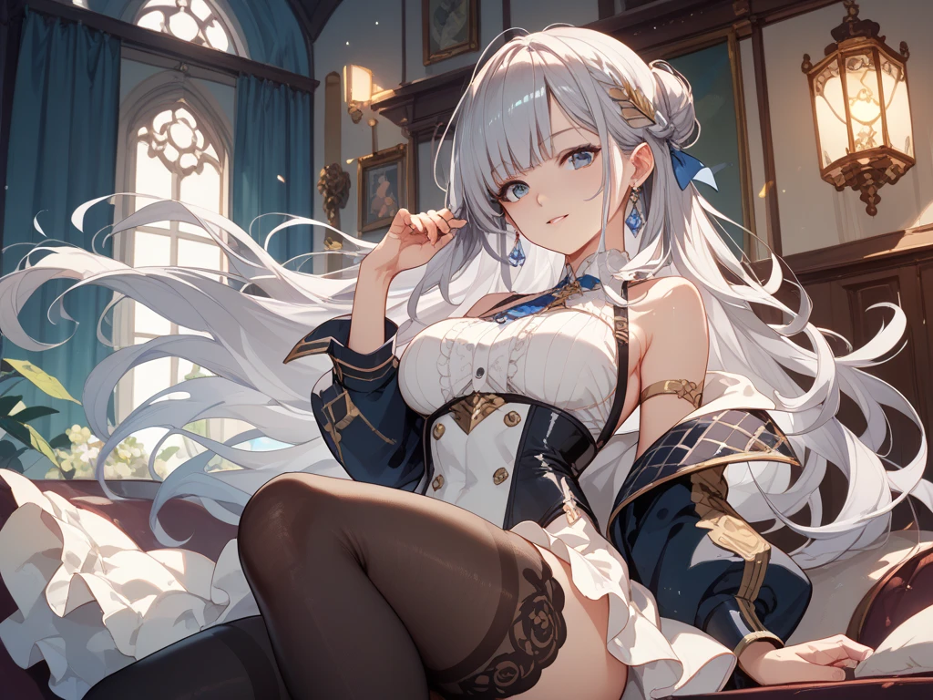 Highest quality,High resolution, Very detailed,Game CG,Dutch Angle,Beautiful attention to detail,Beautiful girl,breast focus,(Captivating smile), (Spread your legs), (Lift your legs), Blue dress, dress, Frills, Long sleeve, Thighs Thighs Thighs Thighs, Thighs Thighs Thighs Thighs, White knee-high,