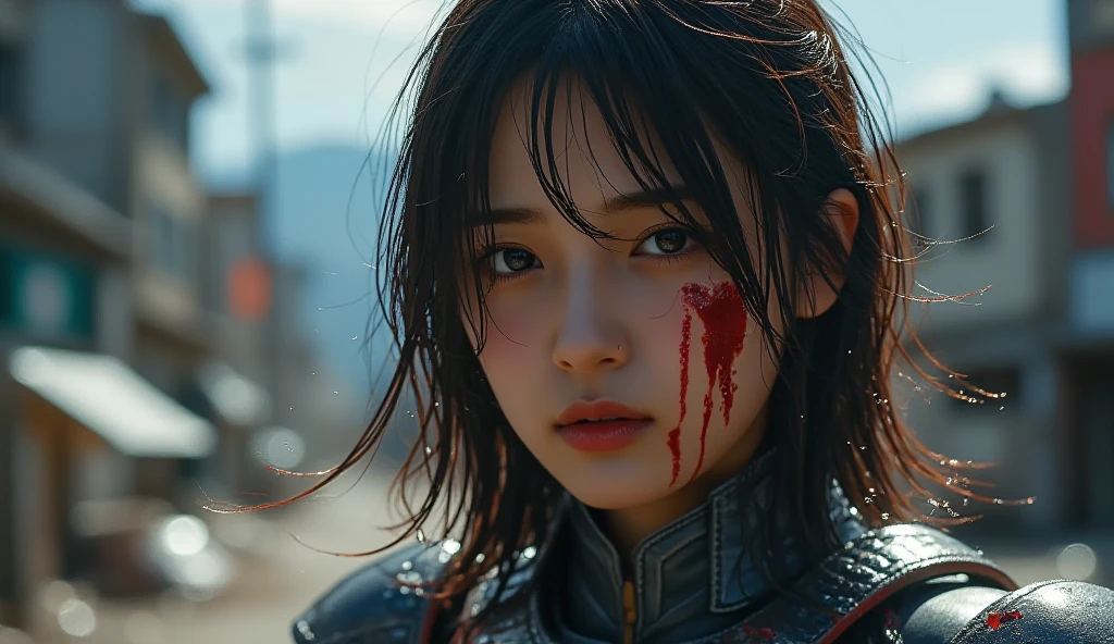 extremely detailed 16K CG unity wallpaper, (raw photograph, photorealistic:1.3), (cyberpunk:1.5), professional photo, cinematic lighting, depth of field, sharp focus, highest quality, masterpiece, authentic, best resolution, pov, (grotesque:1.2), (intricately detailed face, ultra-realistic skin texture:1.5), ((correct anatomy, from front view:1.3)), 1 girl, ((female soldier with mechanized body:1.5)), solo, (cowboy shot:1.2), looking at viewer, (beautiful girl:1.5), black hair, (short hair, ponytail:1.4), fairly detailed skin, (tan:1.2), (oil, sweat, wet skin:1.3), dark eyes, realistic and bright eyes, beautiful nose and lips, expressionless, (vomiting a lot of blood:1.4), ((camouflaged:1.4)), ((alloy armor:1.3)), (combat uniform:1.5), slender, beautiful breast, ((injured during battle, lethal wound of stomach, blood flowing from stomach wounds:1.5)), kneeling, (((outdoor, futuristic city, night, destroyed buildings, ruins:1.2)))