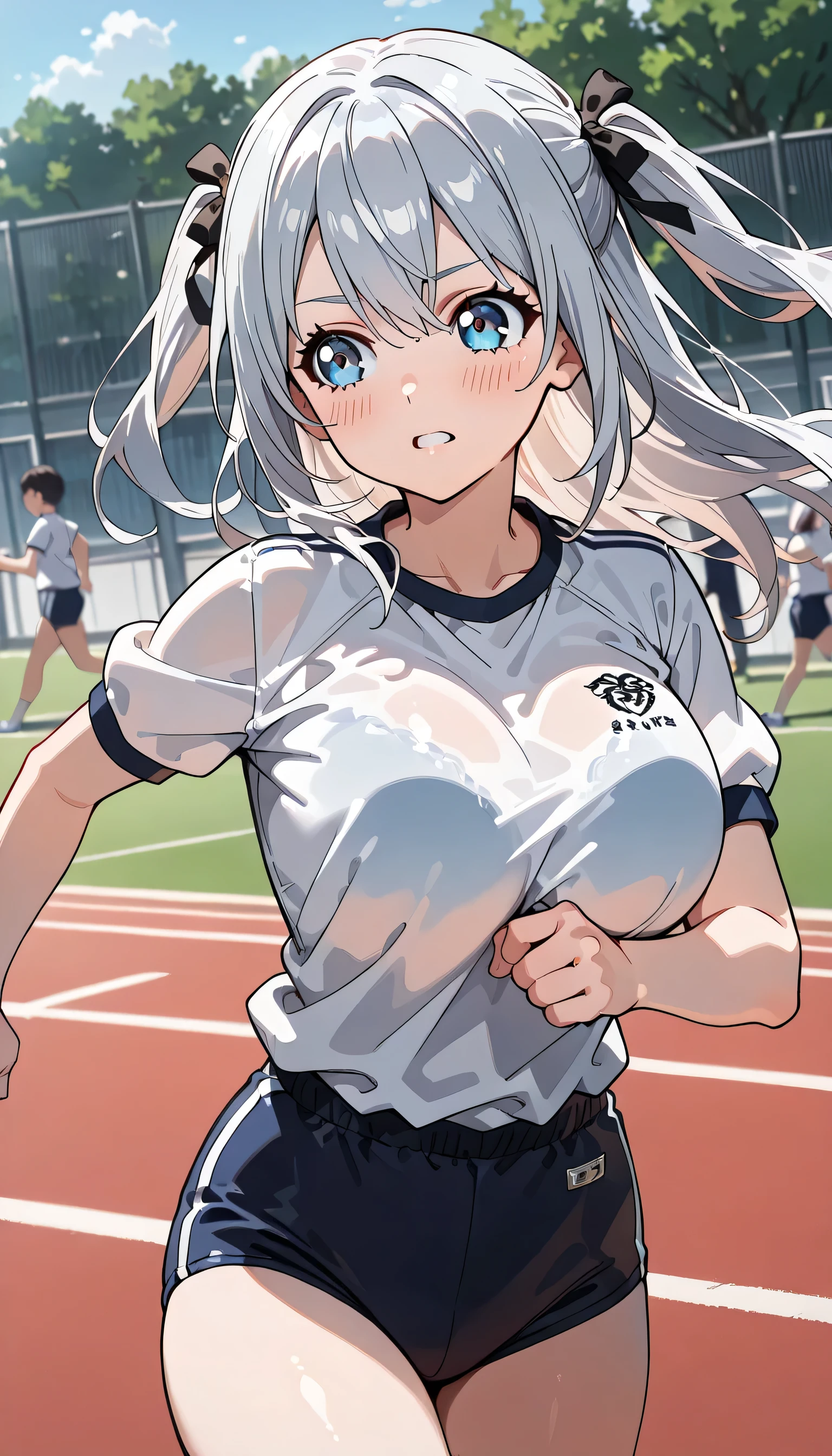 ((ultra-detailed)), (highly detailed CG illustration), (best quality:1.2), ultra-highly detailed, colorful composition, artistic photoshoot, 1girl, solo focus, thigh to top, cowboy shot, moe anime character, girl, dainty facial structure, baby face, round face, rounded chin:1.2, ideal ratio body proportions, celia-default, celia claire, blue eyes, sparkle eyes, sagging eyes, long silver hair, two side up, hair ribbon with red, ample breasts, white short sleeve gymnastics uniform with Navy blue rim:1.3, navy blue school gym buruma, smile:1.3 , blush:1.3, (running:1.4), running on the school Athletic Festival:1.3, from behind:1.4, dynamic pose, contrapposto pose, best quality, expecting, pink cheek, blush, light pink gloss slip, portrait, depth of field, soft lighting, backlight, shine, lighting, caustics, ray tracing, perfect face, lustrous skin, highly detailed face, highly detailed eyes, perfect face, perfect nose, perfect hair, perfect eyes, perfect anatomy, beautiful hair, beautiful small face, extremely detailed face, beautiful detailed eyes, beautiful clavicle, beautiful body, beautiful huge breasts, leavage, breasts squeezed together, equalize the size of the left and right breasts, beautiful thin thighs, beautiful legs, beautiful fingers, 4 fingers, 1 thumb, lovely, (very detailed background:1.0), (highly detailed background:1.0), summer aesthetic, intricate details, shy atmosphere, summer colors palette, chromatic aberration