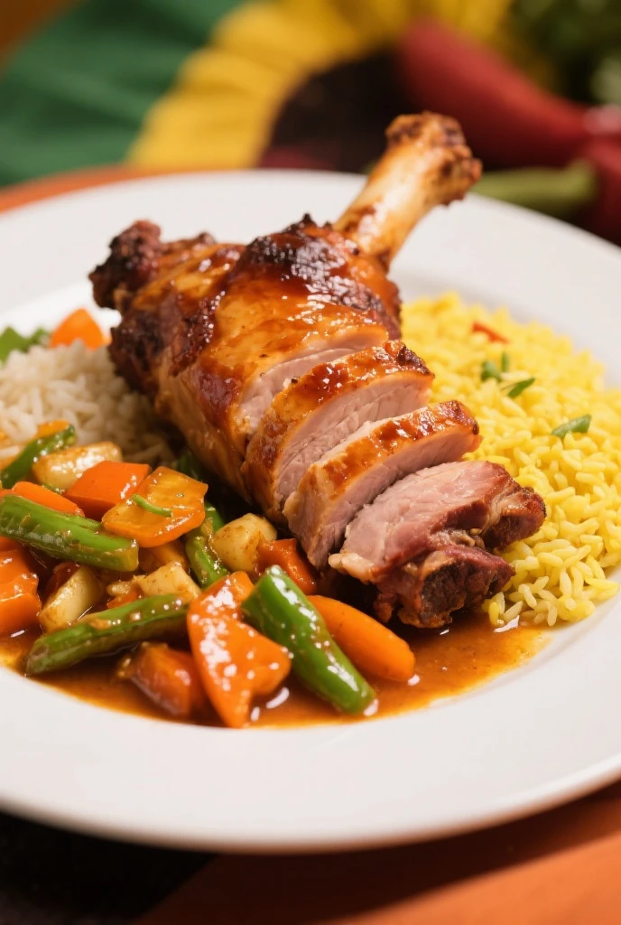 A close-up shot of a bowl of delicious pork knuckle, a popular dish in Italian cuisine. The meat is cooked to perfection, pork shank roasted and slightly scorched. It's topped with a balsamic dark brown vinegar, creating a vibrant and appetizing display. The bowl is placed on a rustic wooden table, with a pair of metal fork resting on the side. The scene is set in a homey kitchen environment, with blurred background elements that suggest a warm, everyday setting. There is a small Italian flag nearby. The lighting should be natural and soft, highlighting the appetizing qualities of the roasted pork shank and the cozy atmosphere of the setting, detailed professional photography and light, close-up, eye level, still life