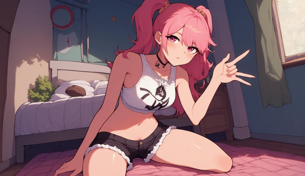 score_9, score_8_up, score_7_up, score_6_up, score_5_up, score_4_up, source_anime, 1girl, bed ,pony toy, pink hair, braids, quit eyes, w-w-chain, shackles spread arms, loose hair,leather black shirt,hoody ,bikini, black high heels,the strap,night, dungeon, best quality, best res, 4K UHD,