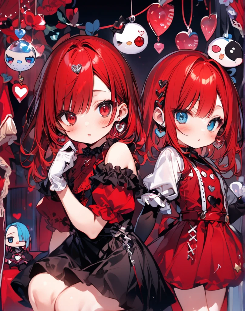 (Best Quality:1.3),4K,8K,8K Portrait,16 K,(masutepiece:1.2),(2girls:1.7),(twins:1.6),garnet,lapis lazuli,(maximalism:1.5),ultra-detailliert,absurderes,(very detailed beautiful face and eyes:1.3),
(dense beautiful hair:1.3),
Super cute girl,(bob cuts:1.4),(Girl with garnet eyes and red hair:1.3),(Girl with lapis lazuli eyes and light blue hair:1.3),(is wearing Gothic Lolita dresses, ruffles :1.3),(Devil’s wing:1.5),(Jewelry Hair Ornaments:1.3),(closes mouth:1.4),
(jewelry eyes:1.3),(Eyelashes:1.2),(symbol in eyes:1.3),(hight resolution, Twinkle,Glitter,Lens Flare,light Particle,Shining:1.3),
