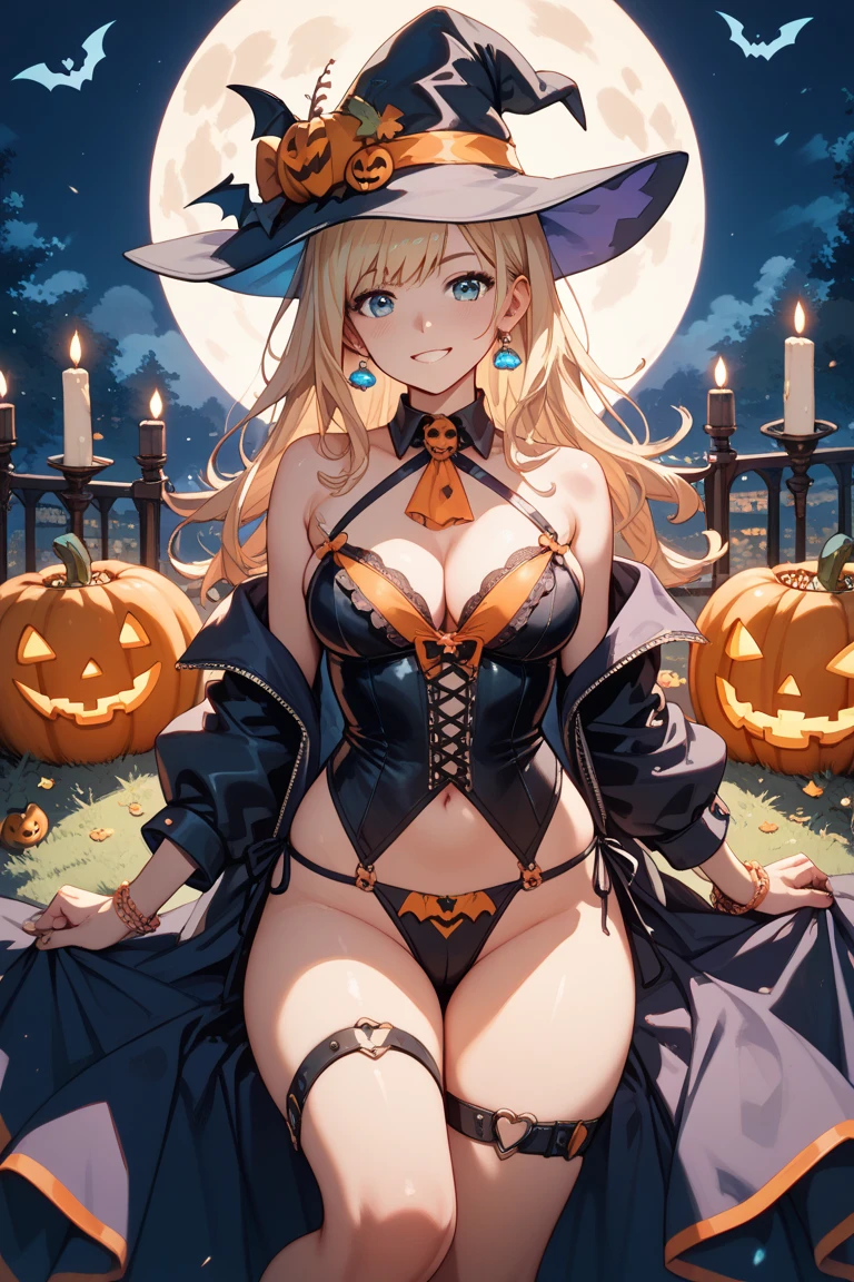 alluring beautiful halloween witch Elizabeth Olsen, frilly sensual gothic striped clothes, pointy hat, barely clothed, with moon and pumkin ornaments, frilly bustier, frilly striped gloves and long socks, exposed breasts, exposed crotch, sitting on a big pumkin, fullmoon night, Fantasy Theme, Beautiful D&D Character Portrait, Ominous, Dark Fantasy, Detailed, Digital Art, Extreme Detail, Polished, Beautiful, Hyperdetailed, Intricate, Elaborate, Meticulous, Anime Character, Detailed, Anime Face, Sharp Focus, Unreal Engine, 3d Rendered, Volumetric Lighting, Reflections, Glossy, Digital Illustration, Sensual Pose, Suggestive Pose, Lewd, Full Body Shot, anatomically correct, legs spreaded, sitting on a pumkin, naked, visible nipples, puffy , 💖❤💕💋❣