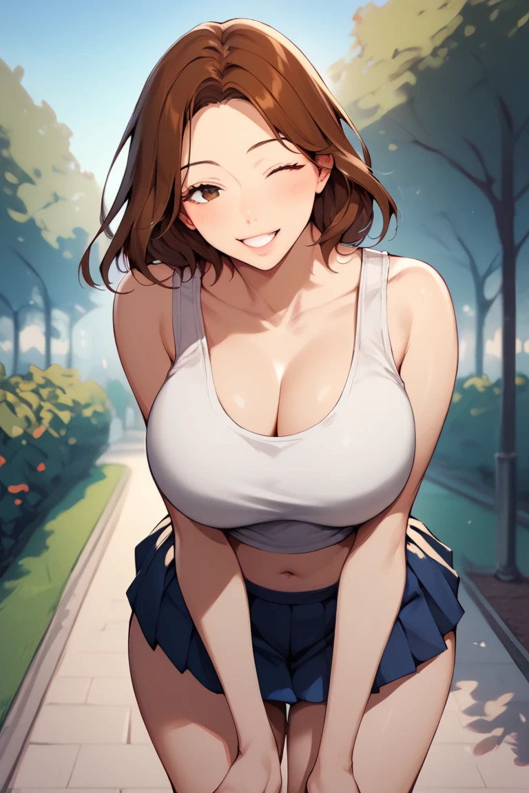 (best quality:1.5, highres, UHD, 4K, detailed lighting, shaders), brown ponytail, large breasts, thighs, crotch, smiling, white camisole, cleavage, hot pants, (pov), park background, sexy, erotic, lewd