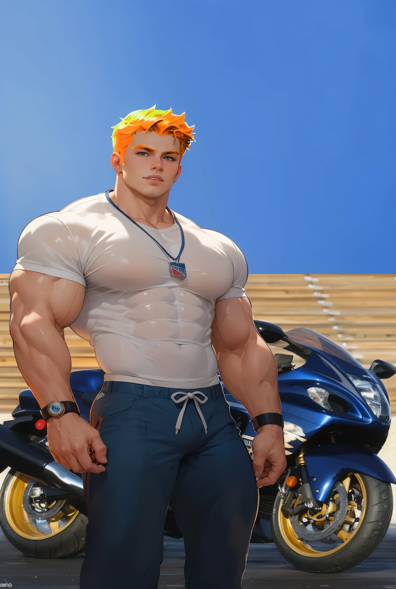 (tmasterpiece,best qualtiy:1.2),独奏,malefocus,1 man,Iskandar runs on the path in the garden,Stone road,grassy fields,40-year-old appearance,Nasolabial folds,Rough face,One hand caresses the pectorals,spread their legs,Shirtless,Heads-up lens view,Mature male,big muscular male,red tinted hair,Red beard,Fit and fit,oilly skin,Covered in sweat,Large muscles,Huge pectoral muscles,looking at viewert,both hands on hip,White panties,((The crotch is raised)),Thick thighs,Thick leg hair,Leather boots,outside,Red body hair,Detailed hair details,Garden background,the street lights,low-contrast,low-saturation,Shunguang,((Soft light))