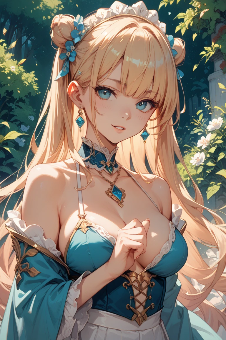 ((highest quality、High resolution))、Portrait、A beautiful woman、Perfect body、beautiful ample breasts、Long blonde、bangs、Blue and white、Embellished blue sexy dress、skirt、a sexually excited look、I'm inviting you to have sex、Outdoor Scenery