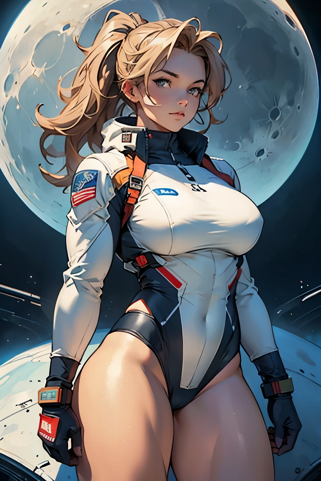 Drawing a young programmer, Sitting on a floating research platform in the middle of an asteroid belt. she is studying using a notebook, Surrounded by several asteroids that glow with a fiery aura. Dramatic lighting from distant stars and planets illuminates the scene, Cast a deep shadow on the suit. The young woman looks confident and determined, Gaze at the vast and mysterious universe with amazement and respect,facial hair, cowboy shot,camel toe、huge tit、Nipple Puffs、cleavage、Plump、Super big breasts、super big butt
