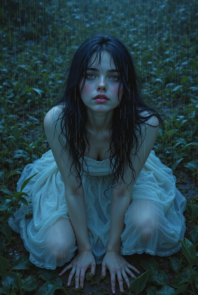 cinematic film still, from above, juxtaposition disturbing photo of a woman3 wearing white dress with her eyes opened covered in hair and thorns, alone, monochrome, grayscale, blank stare, slight smile, non-human, plant, Aesthetic (subject) juxtaposition, artistic, photography, dramatic light, dramatic shadow light, contrast, saturated color, cinematic, filmic, photorealistic, realism, perfection, perfect, juxtaposed, opposite, different things, side by side, syncretism, antithesis, juxtaposition style (subject), creative, photorealism, hyperrealism, fine art photography style, fine art cinematic photography style, shallow depth of field, vignette, highly detailed, high budget, bokeh, cinemascope, moody, epic, gorgeous, film grain, grainy