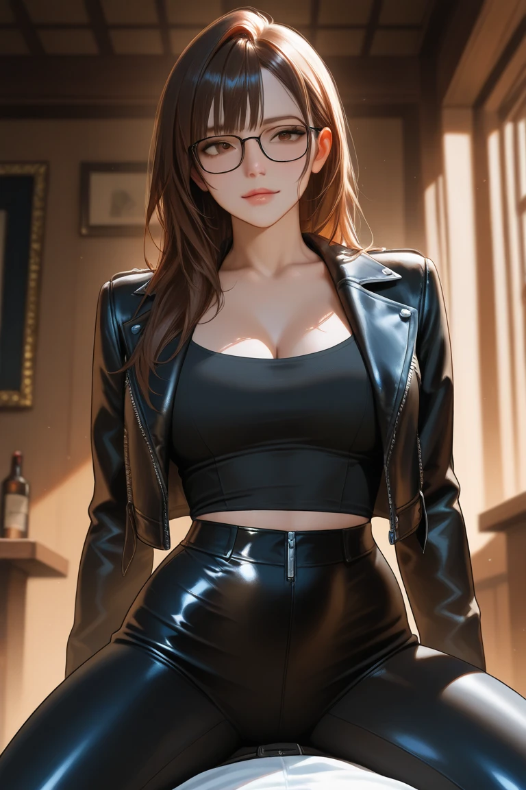 1girl as shiraki meiko,hair bun, glasses,school uniform, black thighhighs, plaid skirt, knee boots, ribbon choker, brown jacket black bodysuit, unzipped,striped, midriff, prison clothes, detailed eyes, detailed face, detailed skin,mature body, tall body,seductive body,medium big breast, medium thigh, reduced color palette, heavy lines, contrast, pastel colors