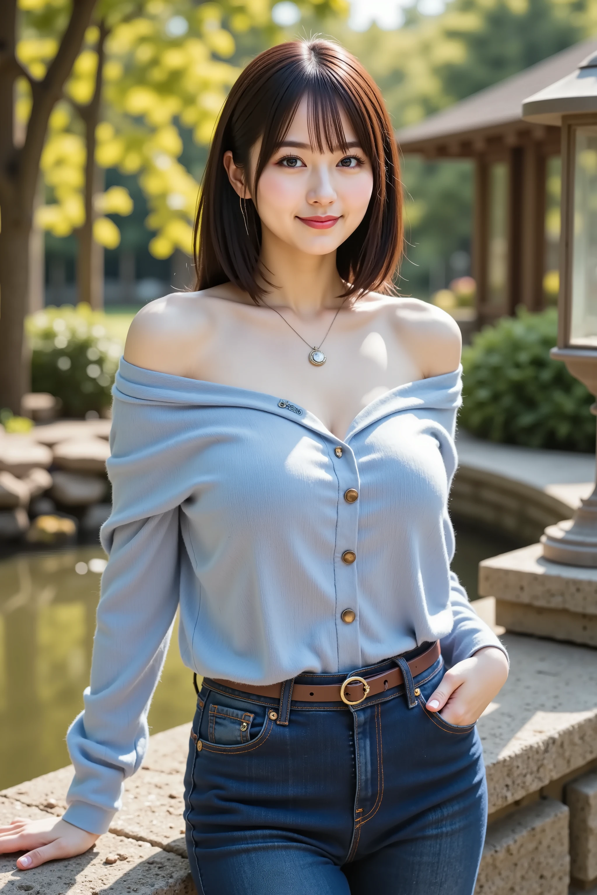 firm and big breasts, cleavage, medium-framed portrait shot from head to mid-thigh of a realistic adult woman with her full head and shoulders visible, standing beside a tranquil garden pond at golden hour on a weathered stone ledge with scattered leaf litter and a vintage moss-covered stone lantern at the water’s edge, background softly blurred into circular bokeh from water reflections and sunlight filtering through overhead leafy branches, scattered sunbeams creating dappled highlights on lush greenery and wildflower petals drifting in a gentle breeze, wearing a light blue off-the-shoulder cotton-linen blouse with fine vertical stripe texture and visible weave irregularities, the wide folded neckline pulled down below her collarbones and sliding off her shoulders to reveal smooth pale skin and part of her upper chest, the blouse lightly gathered at an off-center front seam with a single mother-of-pearl button undone, fabric softly creased around her crossed arms which hold the blouse edges at waist level, emphasizing her firm full breasts with a wide deep cleavage boldly accentuated by a slight forward lean and snug fabric contours, paired with high-waisted dark indigo denim jeans featuring copper rivets, contrast stitching, subtle whiskering at the pockets, and a leather belt with an antique brass buckle cinching the waistband just below her navel, the denim hugging her hips and upper thighs beneath the blouse hem, her short dark brown bob haircut styled in soft inward waves with delicate wispy bangs brushing her eyebrows and individual strands catching rim light, she smiles warmly revealing natural dimples and bright eyes, a simple silver pendant necklace rests at the base of her throat, realistic natural skin tones with visible microtexture and a gentle dewiness on her shoulders and décolletage, minimal natural makeup with matte base, soft peach blush on cheeks and eyelids, nude lip tint, individually defined eyelashes, nails manicured in a neutral shade, smal