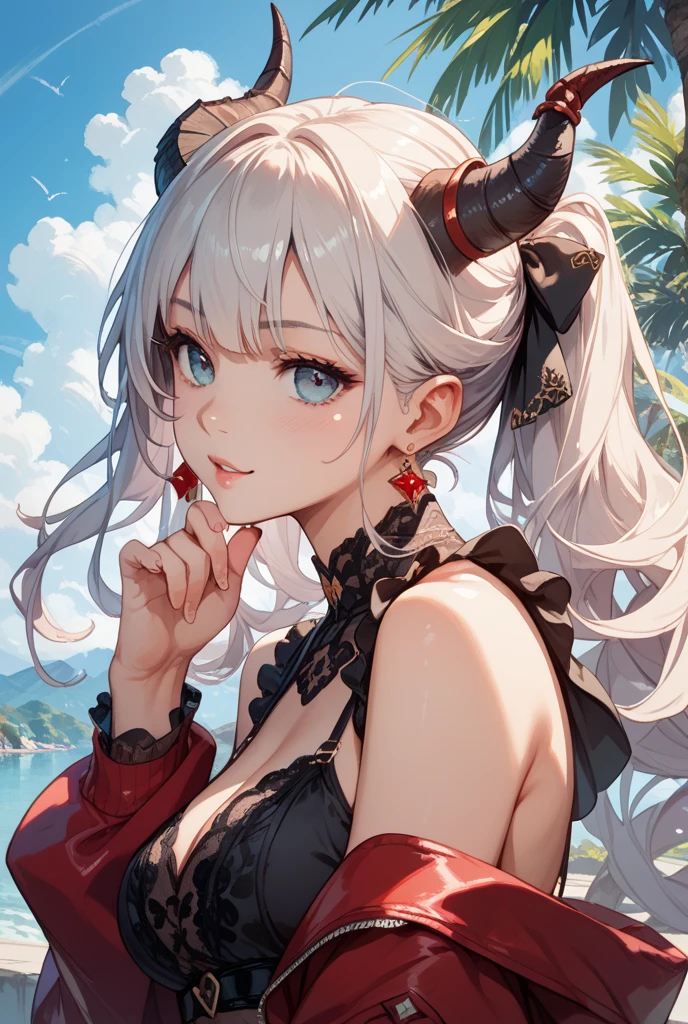 ultra detailed, sharp focus, best quality, masterpiece, colorful, 1 woman, <lora:hel-nvwls-v1:0.8> sdsHel, (multicolored hair), horns, crown, frilly swimsuit, sunbathing, cute face, beach background, POV, looking at the viewer, best quality, masterpiece, intricate details