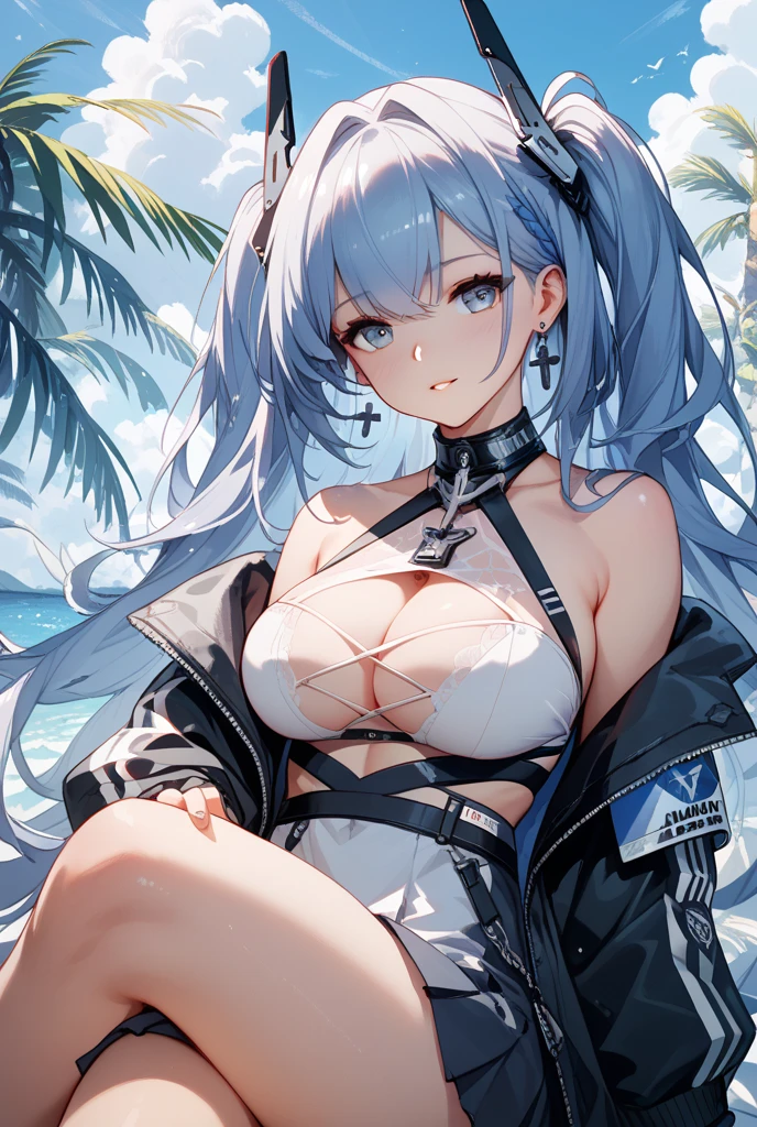 Anime, woman, long hair, pale blue hair, pink eyes, cool, earrings, big boob, wearing a black dress, beautiful, elegant, pure, fantasy,