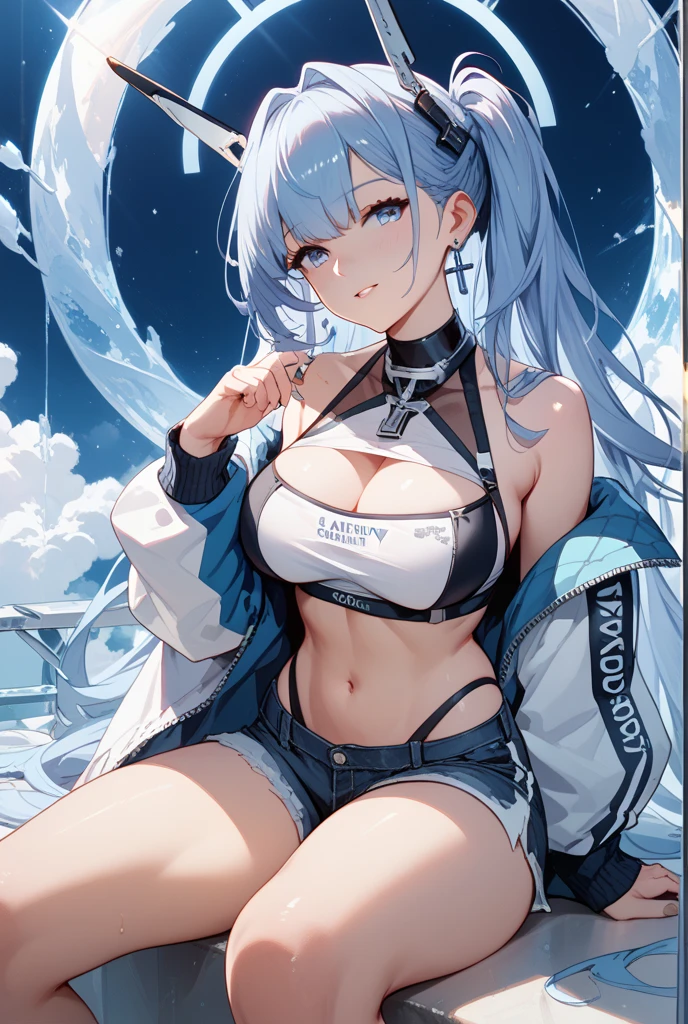 (13 anos, 140 cm de altura, Beautiful, fofo, bashful expression. 1 female. cabelos brancos com mechas azul claro. Olhos azul. atalho. franja combinando. Cute white bikini with blue laces and blue lines. Calcinha Branca. orelha de gato com lacinho do lado. warm lighting. Qualidade da foto, extremely high-resolution. lago bunito. She is standing on the clear water. In her hand she is holding a white g38 revolver . Ums peixinhos coloridos nadam perto dela. Uma pequena boia de um urso branco esta nas proximidades.)