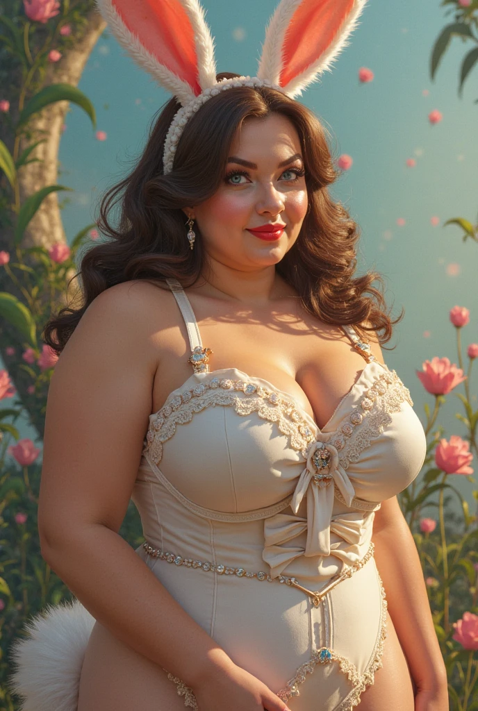 woman, long wavy black hair, medium bust, plump, pink Pricesa corset dress, golden crown, walking through the grass, a palace in the background, looking at the camera, photorealistic