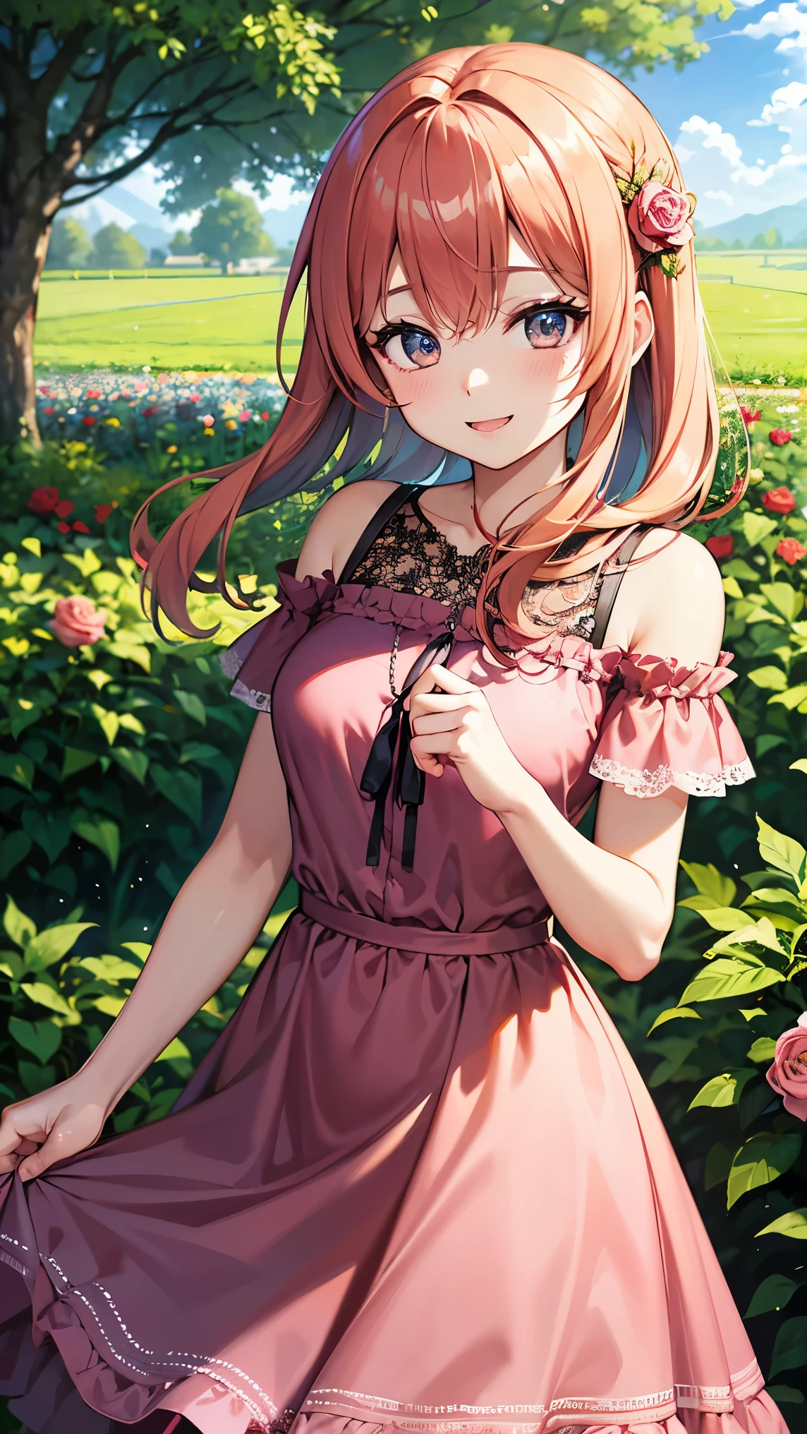 highdefinition images、Rose Fairy、in the red rose garden、赤いバラ園で、全身highdefinition images、smile in the bright sunshine at the red rose garden。