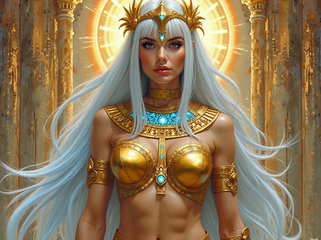 A girl with long white hair wearing a Pharaoh's outfit all in gold,She will be posing inside the pyramid,I want hieroglyphics on the walls and her to be beautiful and very realistic,I want her to be very sexy,I want the pharaoh's thing on her chin and the thing on her head too,I want everything to be gold