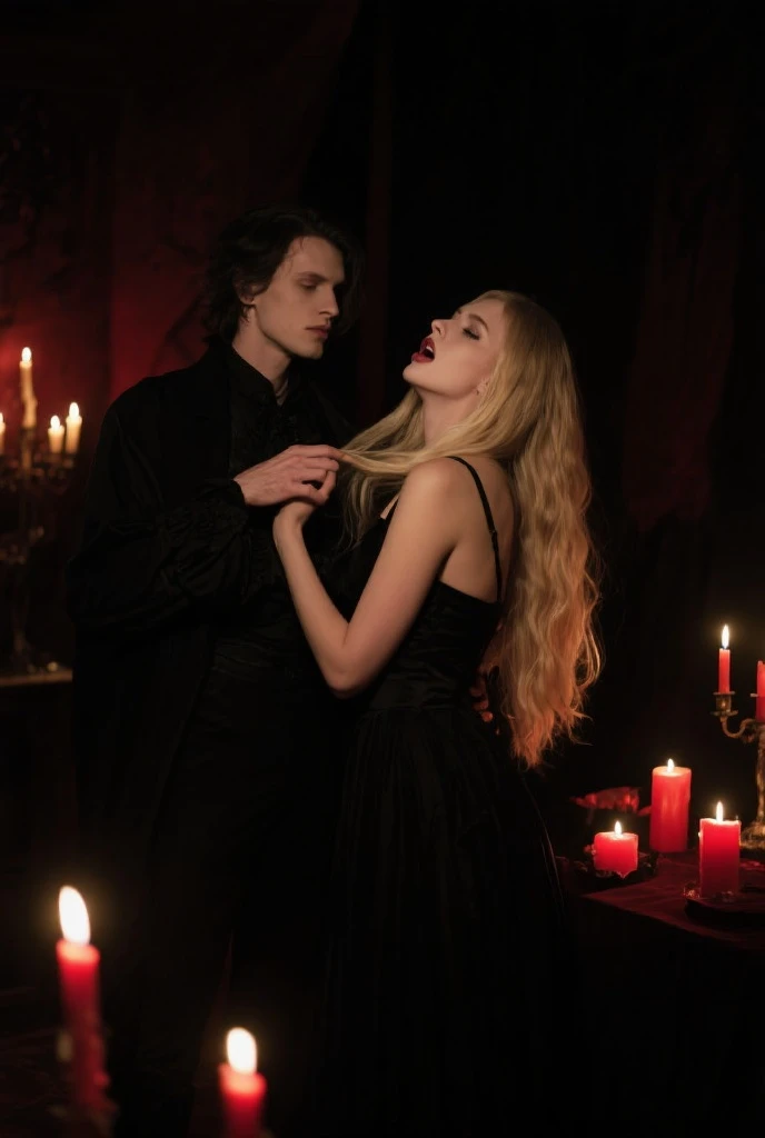 (A male vampire), (drinking blood from the neck of an attractive blonde woman), dramatic lighting, pale skin, (fangs bared), intense gaze, cinematic composition, dark moody atmosphere, deep red and blue color tones, photorealistic, highly detailed, intricate textures, dramatic shadows, cinematic lighting, the woman is in a light, elegant dress, the focus is on the interaction between the vampire and the woman. woman in skimpy modern clothes, (human woman), (vampire man)