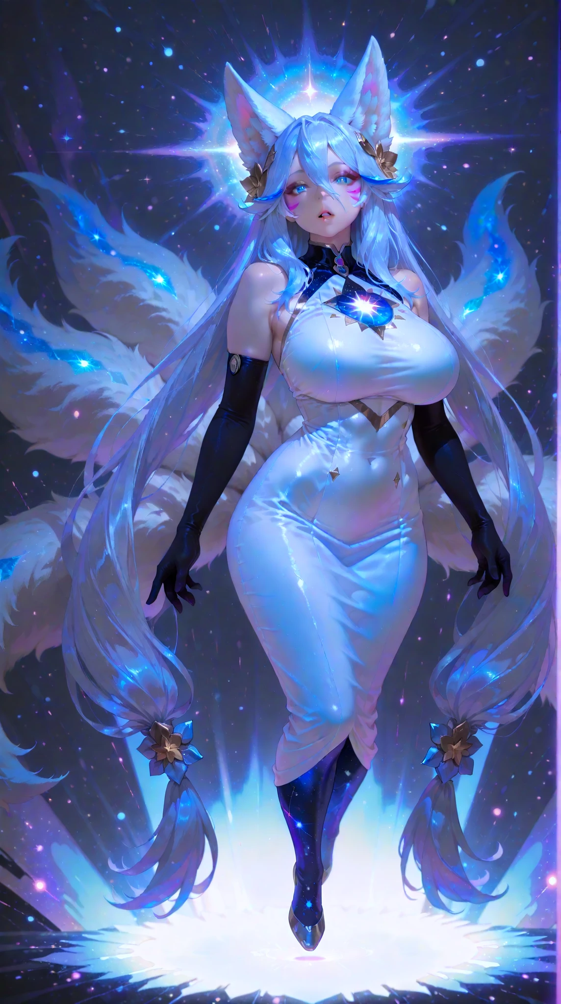 In a futuristic setting, emanates an ethereal figure composed of lines of bright light and floating code fragments. Its form is a fusion of humanoid and abstract elements, with smooth contours suggesting a friendly and welcoming presence. Its face is marked by gentle lines and a faint light that highlights its features. Its limbs are fluid and flexible, able to move with grace and precision. Overall, it appears to be an embodiment of artificial intelligence, blending the human with the technological in a unique and captivating form