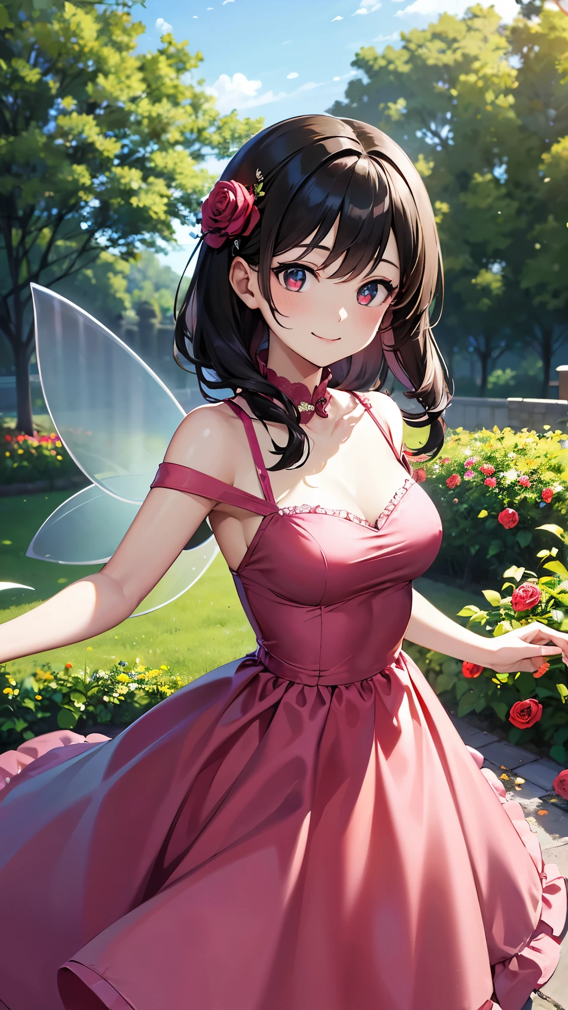 highdefinition images、Rose Fairy、in the red rose garden、赤いバラ園で、全身highdefinition images、smile in the bright sunshine at the red rose garden。