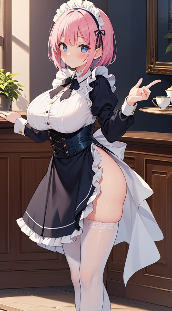 (Masterpiece),Best Quality, ultra-detailed, perfect hands, Delicate eye expression, 1girl (rinko_iori, Sexy, A voluptuous and sexy body, huge breasts, naked body, dark blue hair, long hair, blue eyes (empty eye)),closed mouth, Solo, nude, maid (black, miniskirt),maid headdress,white thighhighs , skirt lift, in front of the bedroom door, standing, Rinko is lifting her skirt in front of the man sitting in front of her. Full body. Sexy waist teasing,provocative pose, wicked smile,pussy, cumdrip from her pussy ,Frontal shots