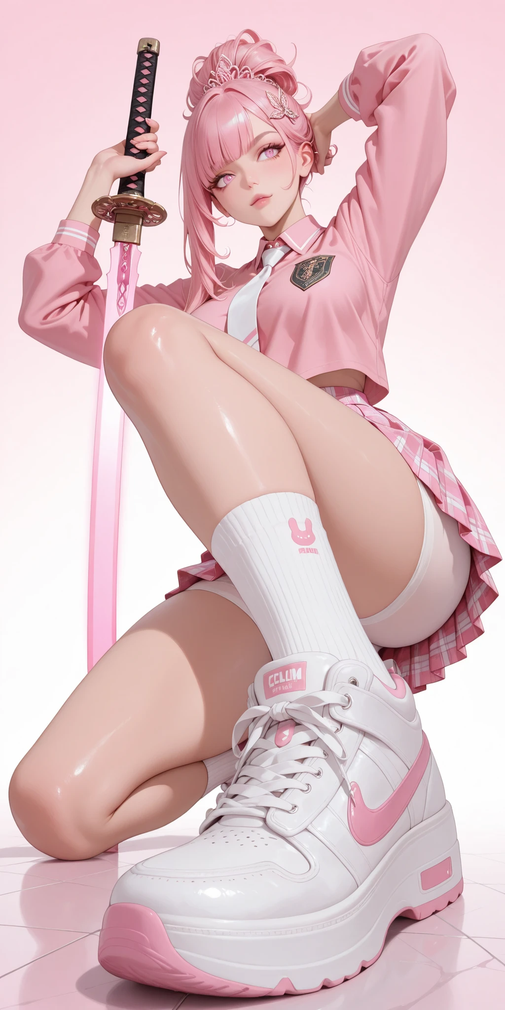 ((Masterpiece)), best quality, absurderes, ultra detailed, holographic, cowboy shot, dynamic pose, golden ratio, super cute girl, mature girl, Barbie girl, super beautiful girl with very beautiful blue eyes, beautiful glowing blonde multicolored hair, high ponytail, nice and sexy body, slim body, perfect body, wearing a super tight and pink leotard, a super aesthetic pink translucent mini jacket, beautiful pink hair ornament, pink jordan tennis, being photographed in a doll house