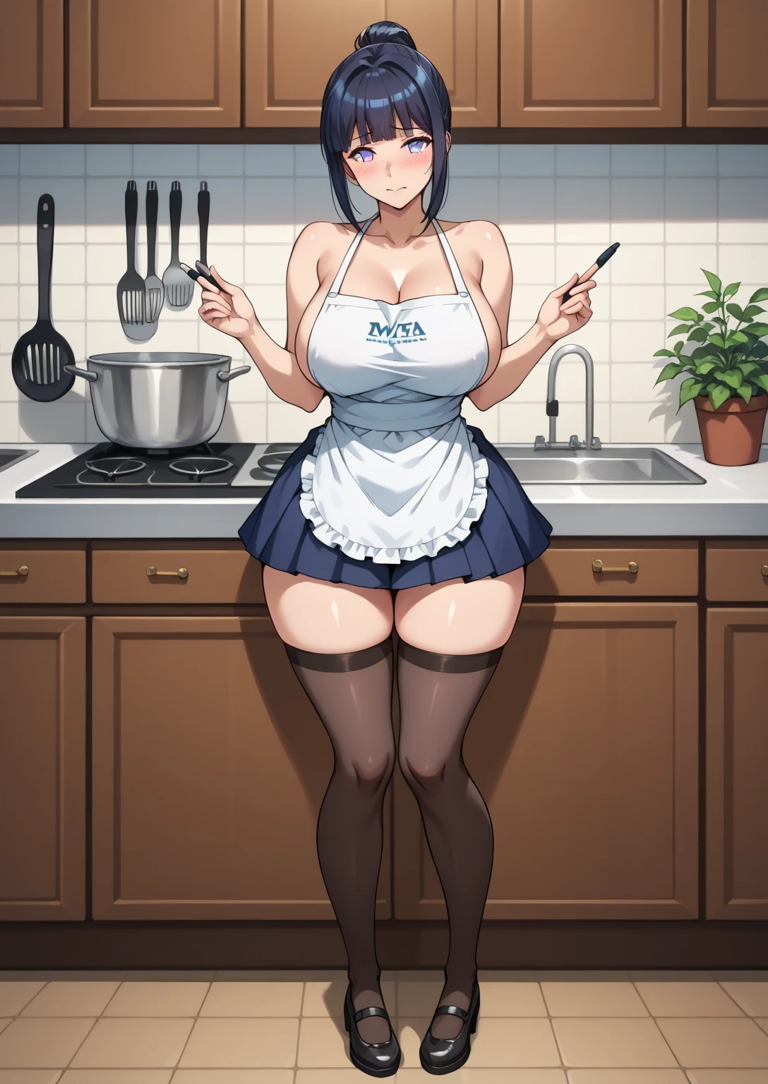 (Best Quality, Masterpiece),sexy Loli, Front cover of a women's cooking magazine, erotic, 18+, nsfw, 1girl, 16 years old, stunning, cute, smile, hourglass figure, Maid costume, beautiful food, text, diagrams, advertisements, magazine title, long dark blue hair,blue detailed sparkling eyes, white hat