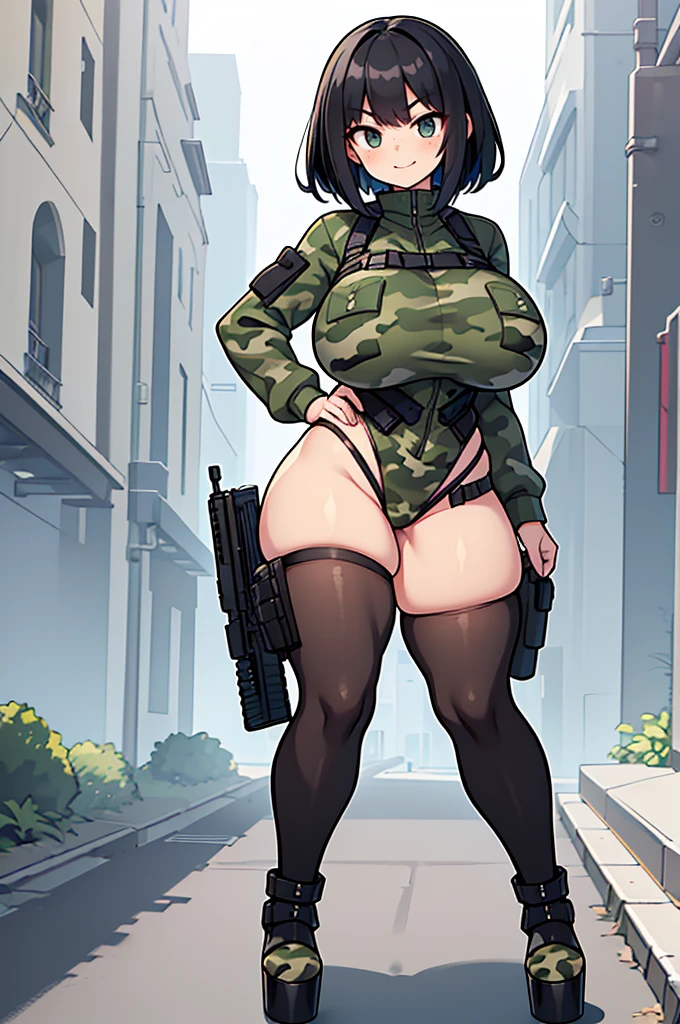 thick hips, thick thighs, platform heels, mini bikini, huge breast, thin waist, bob cut hair, weapon, tanned skin, gun, angry look, scream, thick body, fitness, stockings, beret, military, cyberpunk,