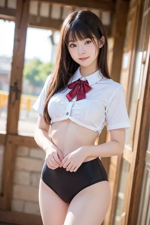 (highest quality,masterpiece:1.3,ultra high resolution),(Super detailed,8K),(realistic:1.4,RAW shooting)、Cute 19 year old woman、Smiling with a shy look、Drawn in a full-body pose。she is naked 、Nipples and pubic hair are visible。She wears a theme park headband with a ponytail, Cute face in bow tie.、riding a carousel horse at an amusement park。